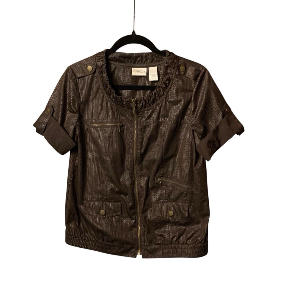 Chico's Zenergy Brown Short Sleeve Zip Up Jacket Size small 100% Polyester